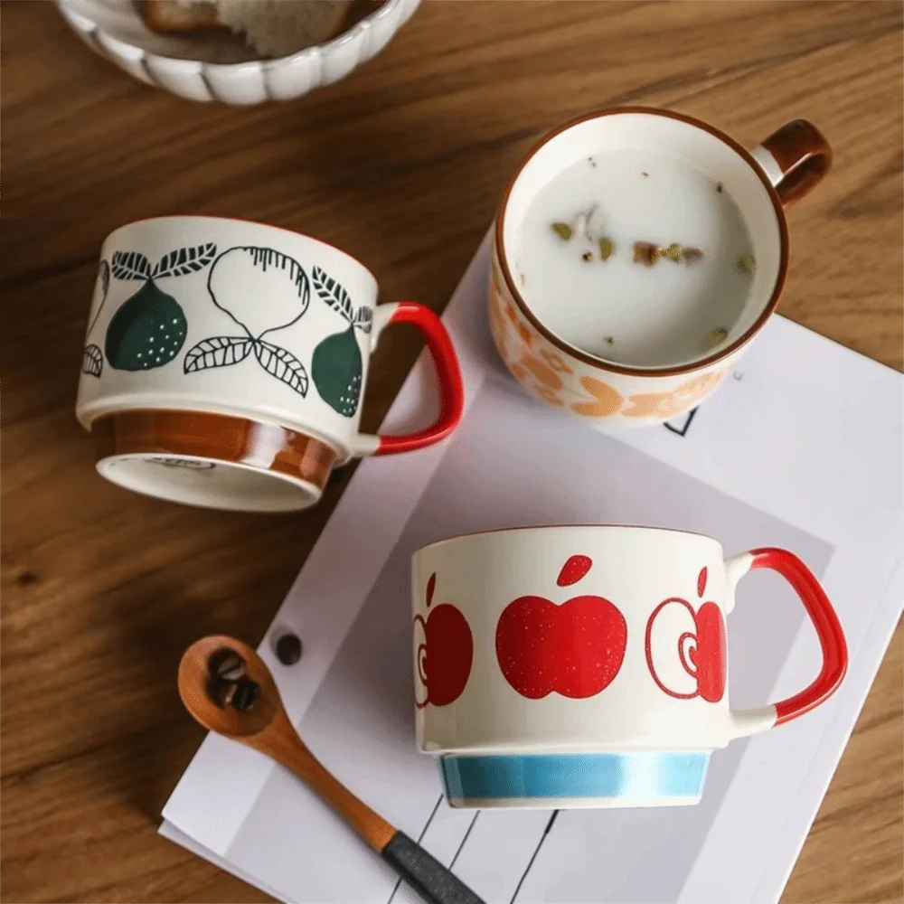 Tasse à café japonaise simple de 300 ml, motif floral sous glaçure, tasse à lait et à flocons d'avoine en céramique empilable, tasse à thé pour couple