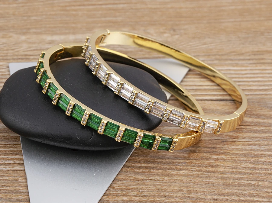 Nidin Neue Luxus Geometrische Zirkon Armband Armreifen Frauen Rosa Grün Blau Kristall Manschette Elegante Hochzeit Erklärung Schmuck – Detail 4