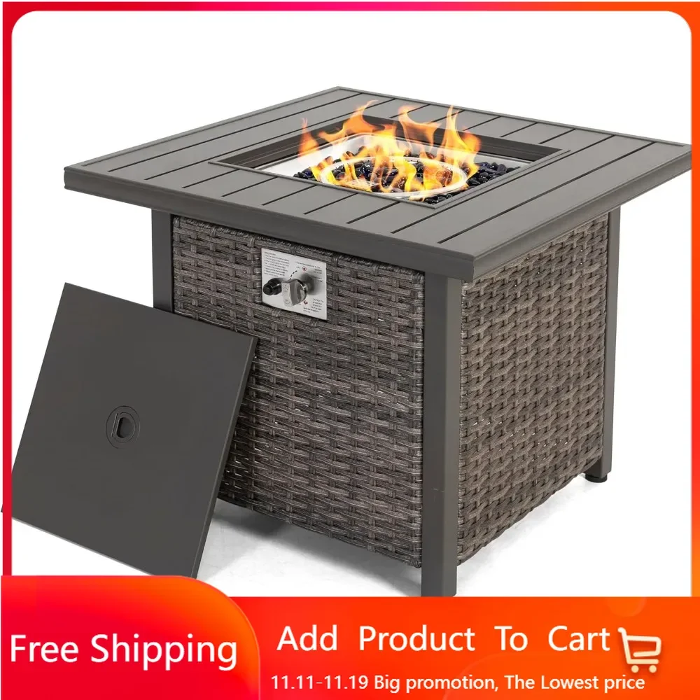 

Outdoor 30" 50,000 BTU Propane Gas Fire Pit Table, Square Gas Fire Pit Table with Glass Beads and Lid, , Brown