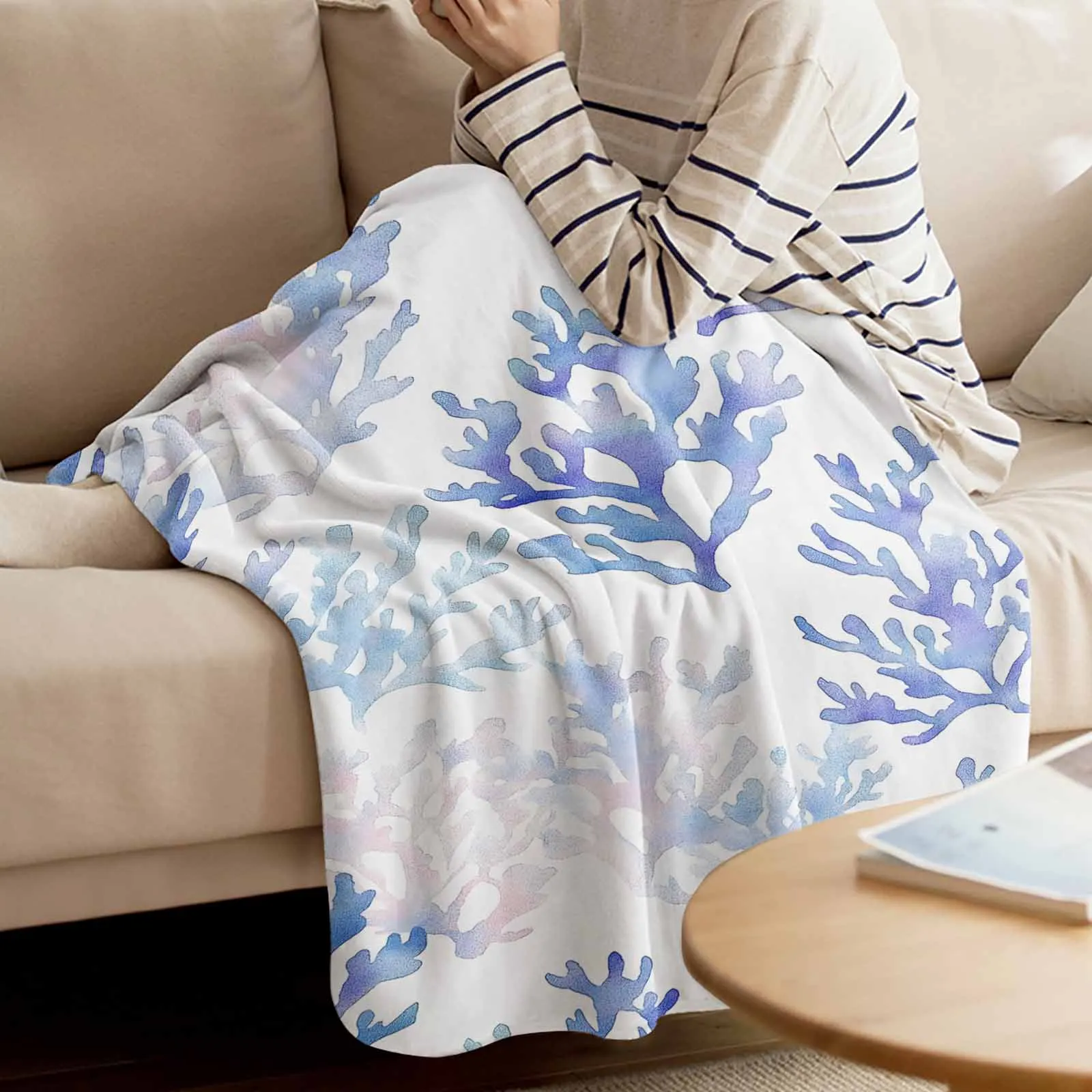 

Blue Coral Marine Plant Throws Blankets for Sofa Bed Winter Soft Plush Warm Sofa Throw Blanket Holiday Gifts