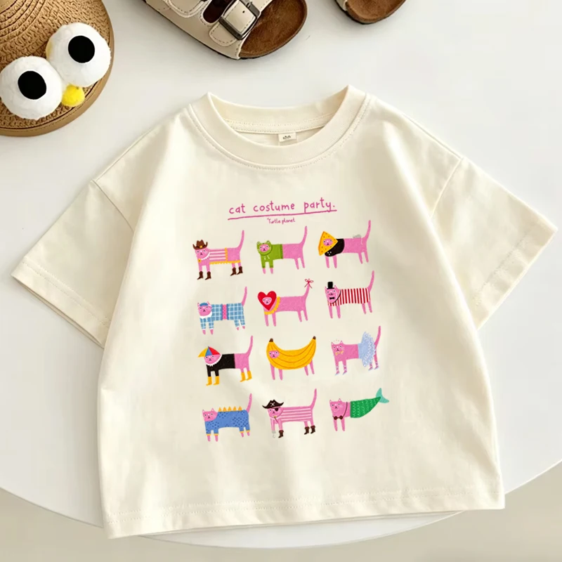 

Kids Cat Costume Party Shirt Cute Cartoon Pink Cats Casual Cotton Short Sleeve Tee Girl Boy Harajuku Clothes Kids Fashion Tops