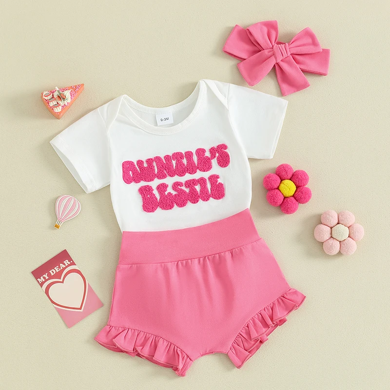 

Newborn Infant Baby Girl Summer Clothes Short Sleeve Embroidery Letters Romper Bloomer Shorts Outfits Set