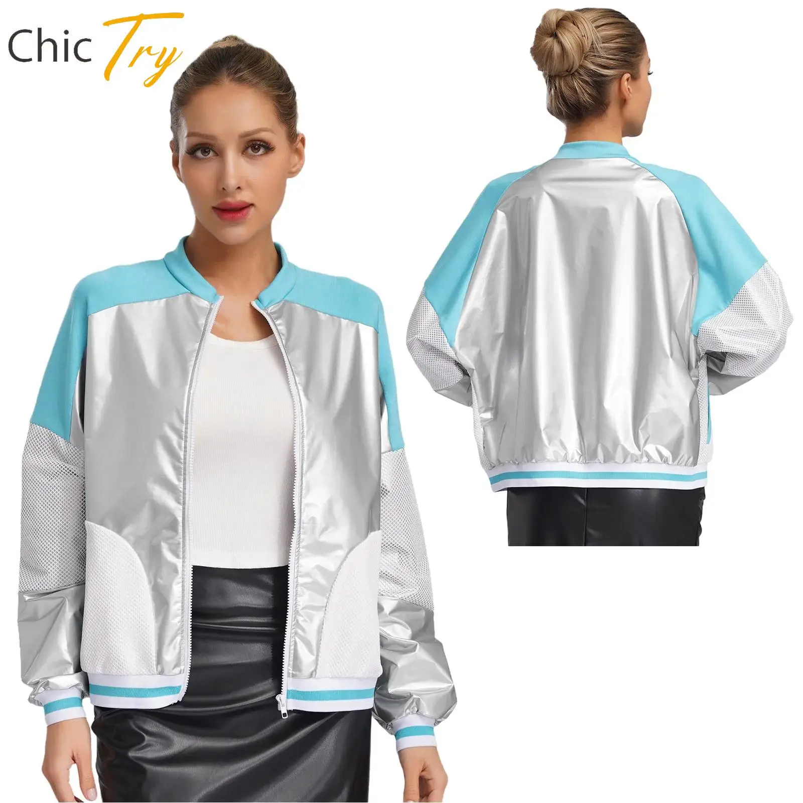 

Women Patent Leather Sports Jacket Long Sleeve Hollow Out Mesh Metallic Coat Outerwear for School Workout Camping Party Clubwear