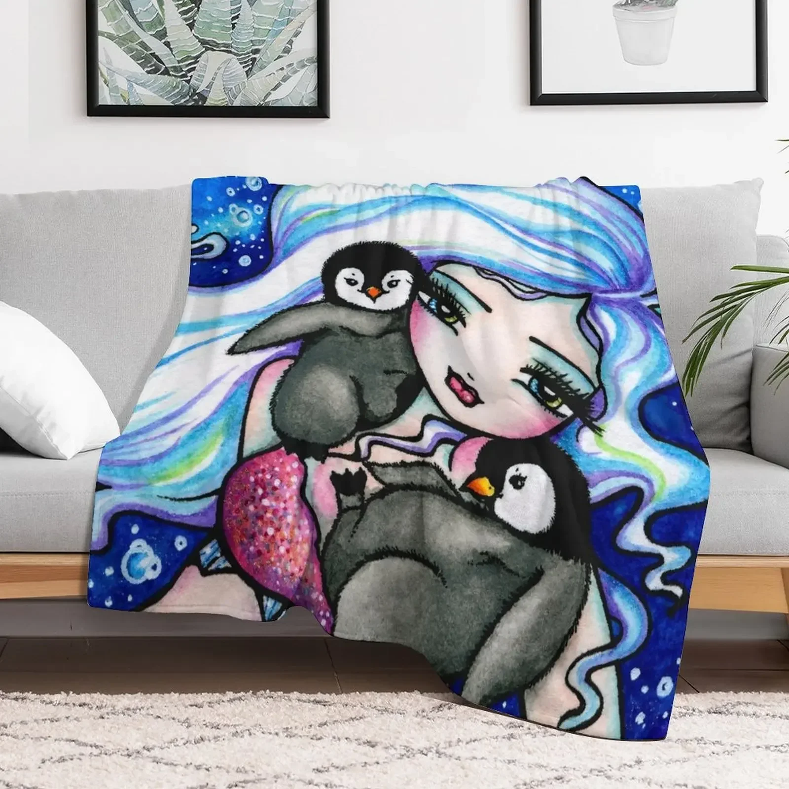 

Frosty Mermaid with Baby Penguin Friends Whimsical Fantasy Art Throw Blanket Hairys Cute Blankets Polar Furrys Loose Blankets