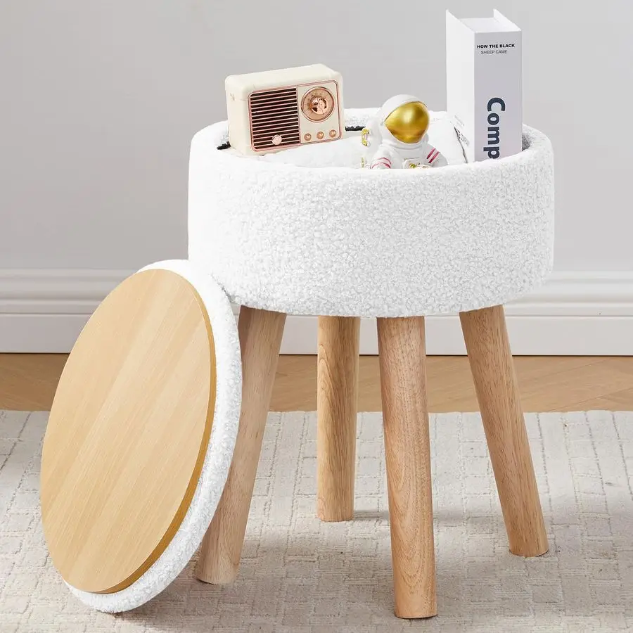 

Vanity Stool, Sherpa Vanity Stool Chair with Storage, Round Makeup Chair Soft Padded Seat with Legs for Bedroom White