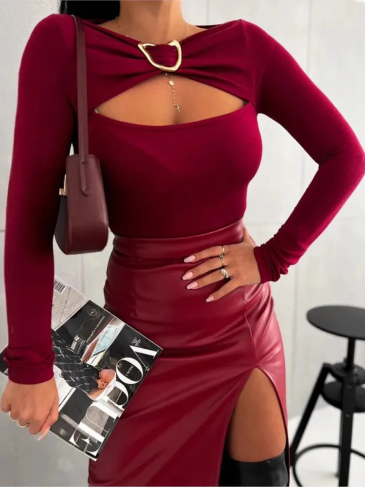 عارضة الصلبة الألوان المرأة قمة الموضة طويلة الأكمام مثير جوفاء خارج تصميم التخسيس القمم ربيع الخريف سيدة البلوزات الجميلة