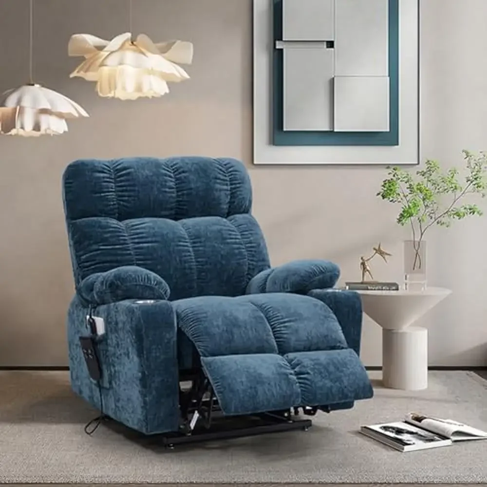 Electric Power Lift Recliner Chair Elderly Dual Motor 180 Deg Lay Flat Sleeper Sofa with Cup Holders and Lumbar Heating Velvet