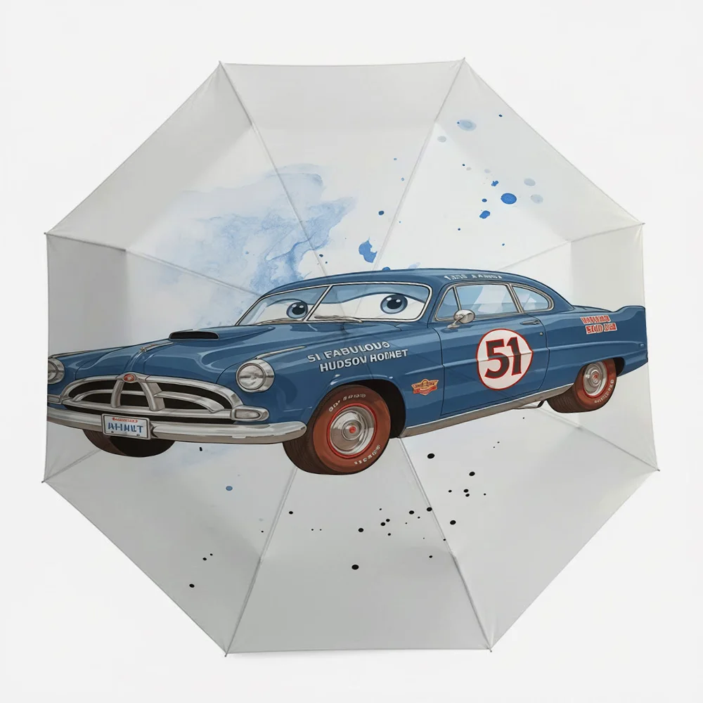 

Disney Cars Fabulous Hudson Hornet #51 Blue Car Watercolor Print Automatic Folding Umbrella, Windproof Waterproof Travel Umbrell