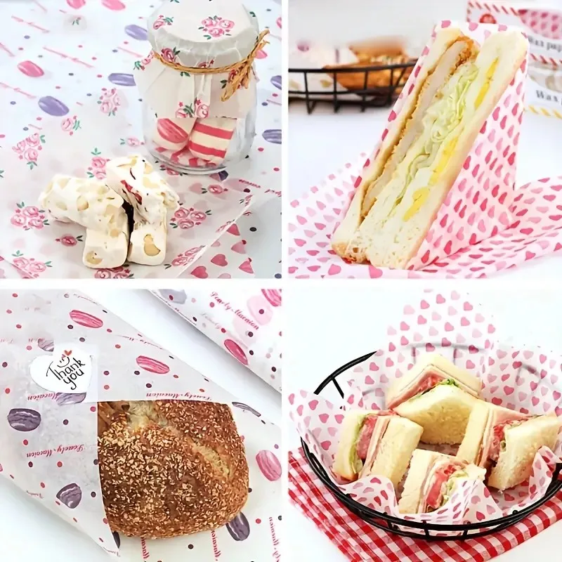 100Pcs Colorful Patterned Greaseproof Paper Food Wrapping Paper Wax Paper for Baking Sandwiches Hamburgers Snack Basket Liners