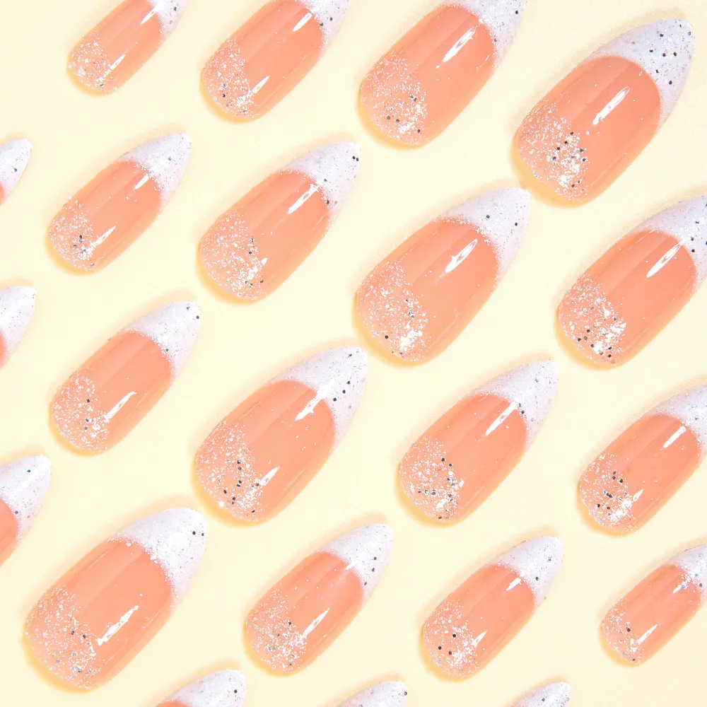 24枚入り シンプルなホワイトフレンチプレス風付け爪 グルー付き グリッター スパンコール グラデーション アーモンド型 付け爪 フルカバー インスネイル