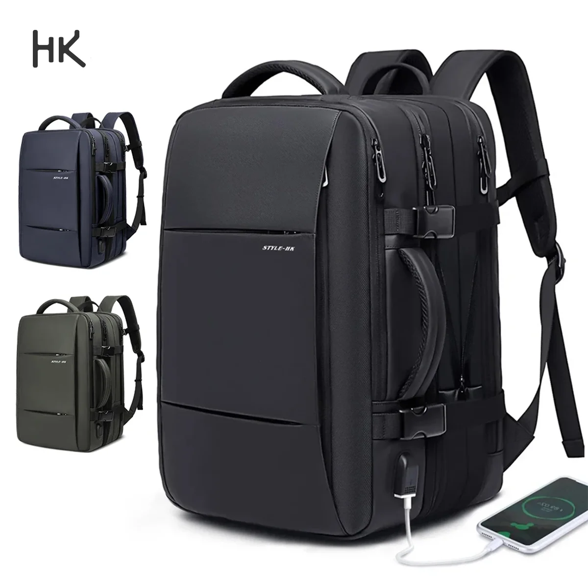 HK Travel Backpack Men Expandable Business Backpack Fashion USB School Bag Waterproof Large Capacity 15.6 inch Laptop Backpack