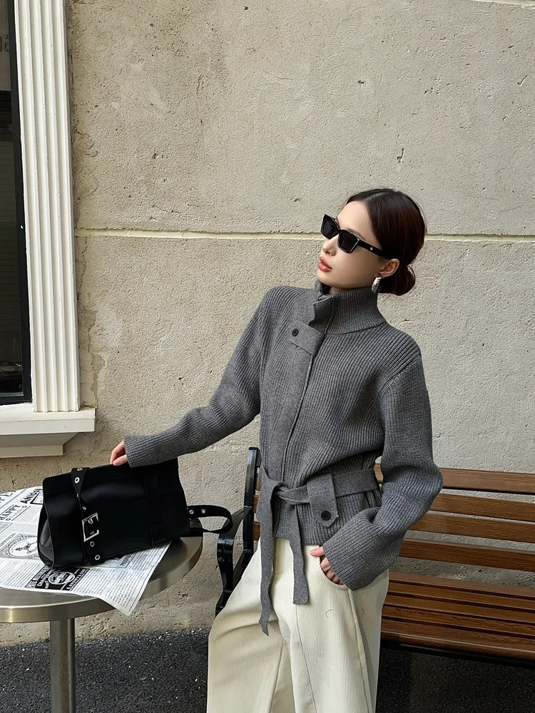 

Vcansy ey Thiened High Collar Waist Belt Design Knitted Sweater Coat Ele Sle Women's ort Outerwear Long Sve Zi...