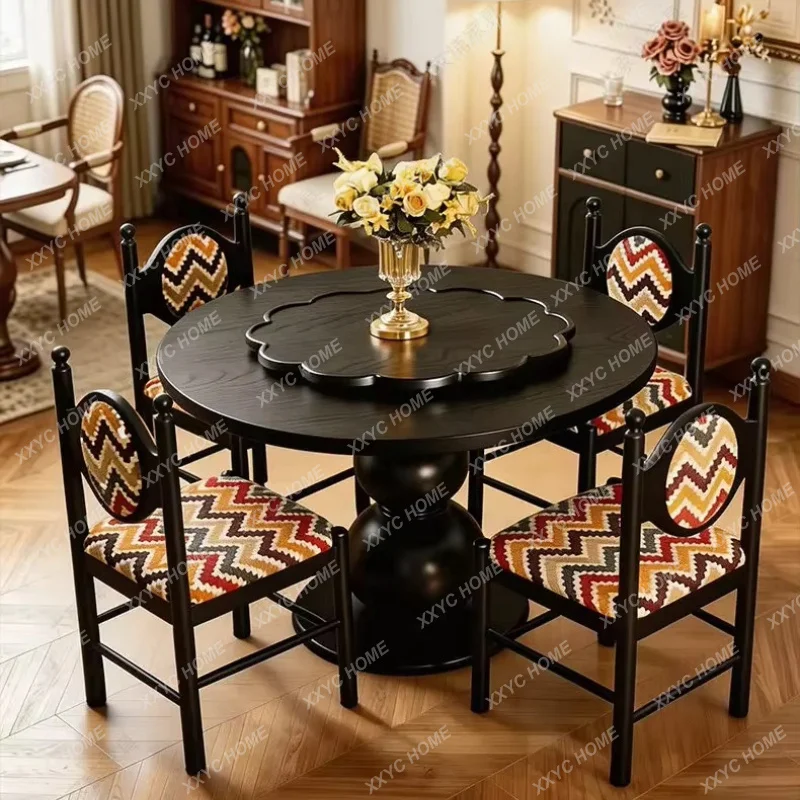 XX Black retro style solid wood round dining table and chairs, new round table with turntable small apartment meters 6 peo