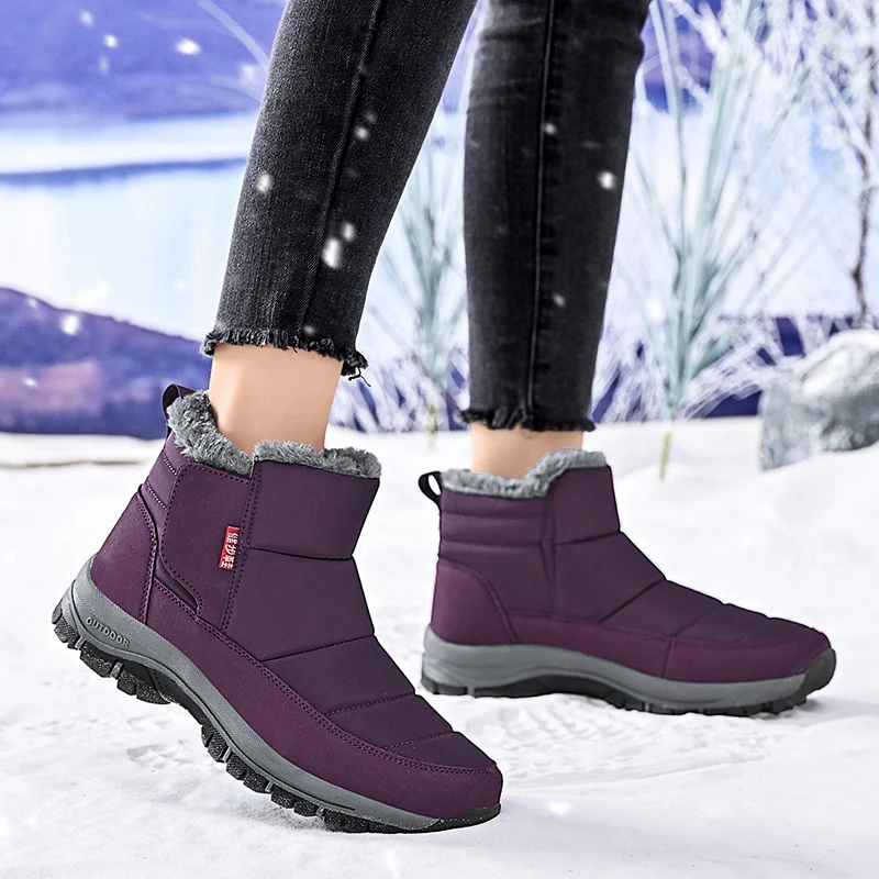 Waterproof Snow Boots with Grey Suede Leather Upper Simple Winter Boots with Anti Slip Grip Outsole Ankle Boots Men and Women