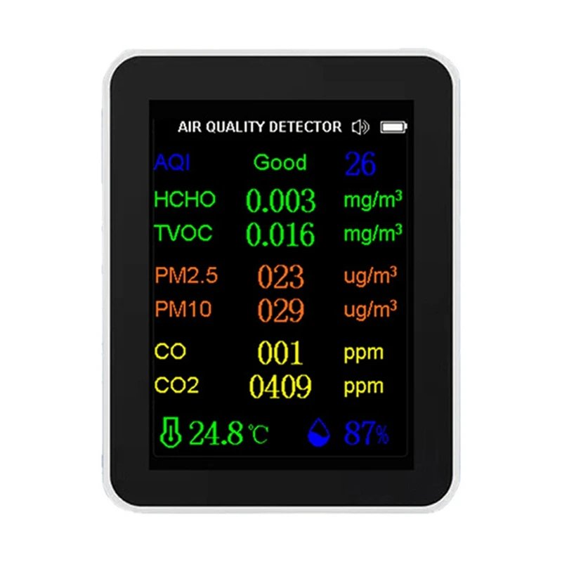 Monitor de qualidade do ar 12 em 1 com exibição de hora/data WIFI PM2.5 PM10 CO CO2 TVOC HCHO AQI Tester, branco