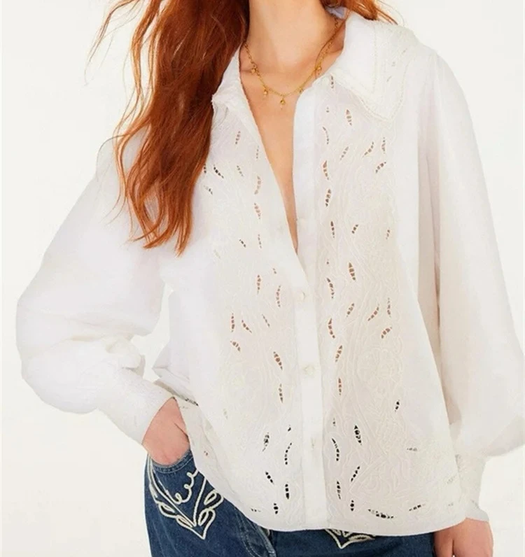 Chemise Double couche en coton brodé au Crochet pour femmes, col Peter Pan, manches longues, haut pour dame, printemps 2026