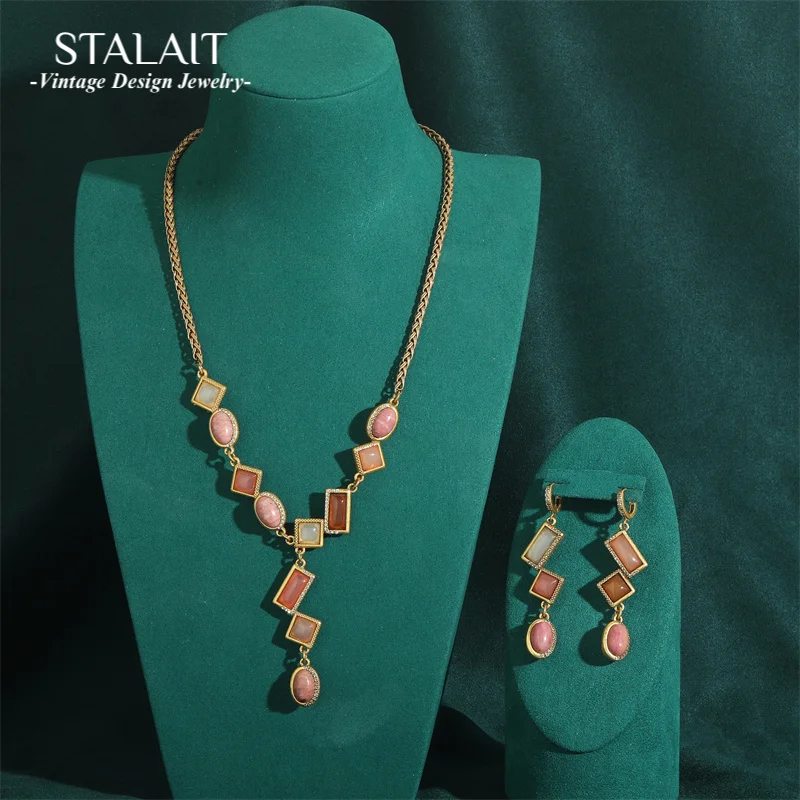 

Vintage Pink Jewelry Sets for Women Square Opal Natural Stone Cat Eye Antique Luxury Gold Color Crystal Pendant New Arrival 2025