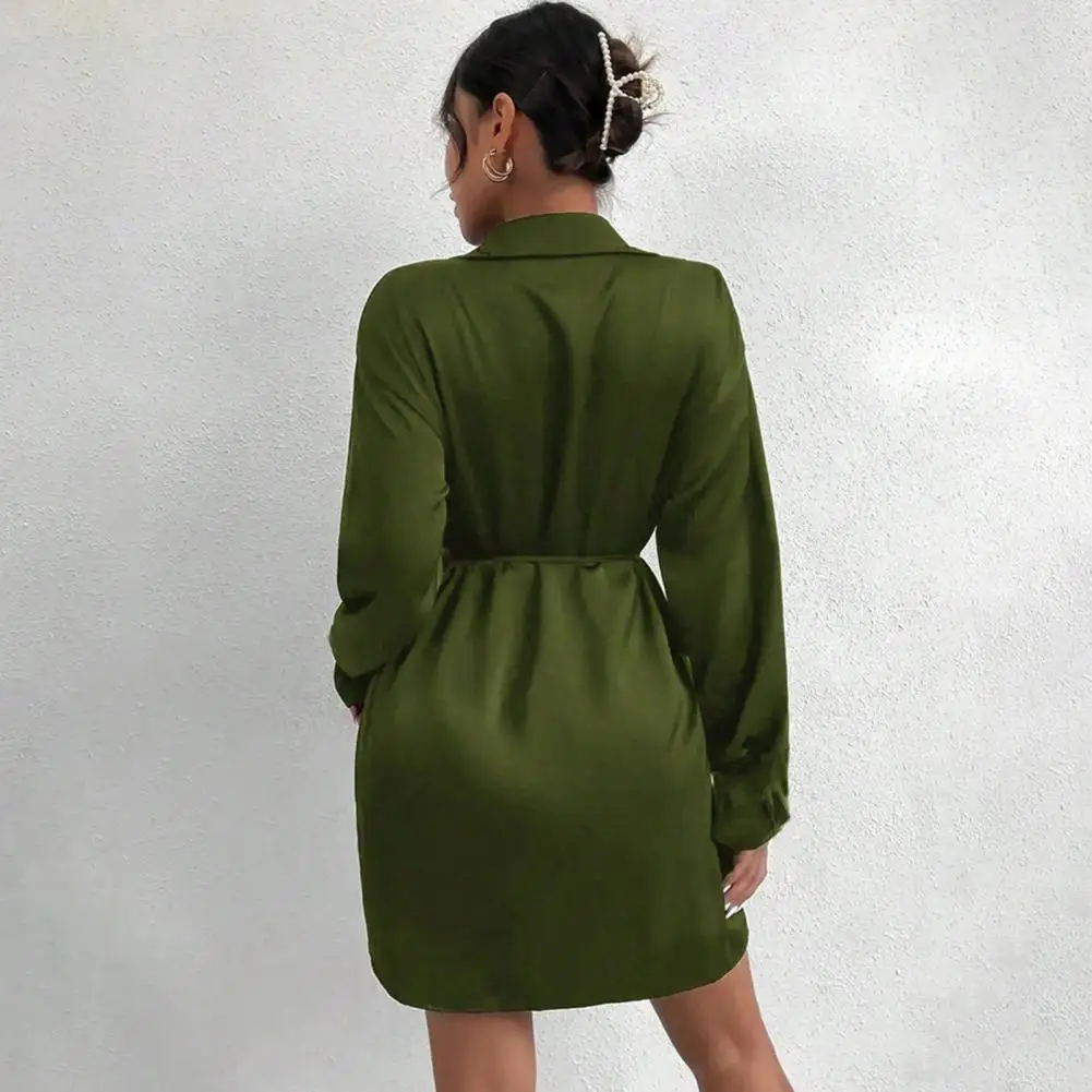 Vestido camisero de satén para mujer, vestido envolvente de manga larga con cuello en V, minivestido informal con lazo en la cintura, Falda corta para fiesta y club