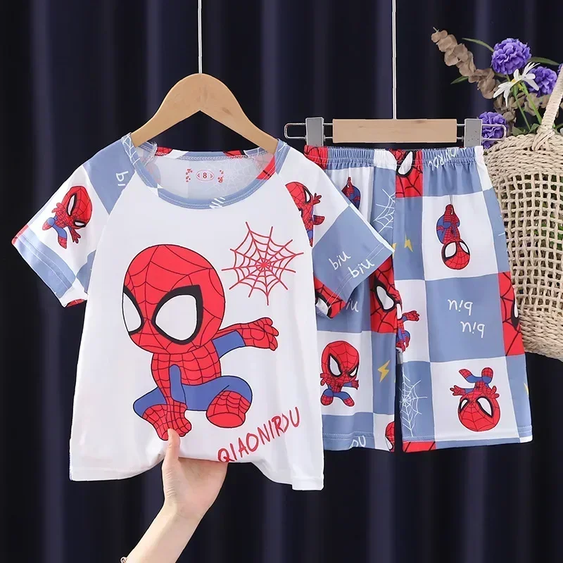 Summer Children Pajamas Set Short Sleeve T Shirt Sleepwear Pijamas Boys Spiderman Cartoon Pyjamas