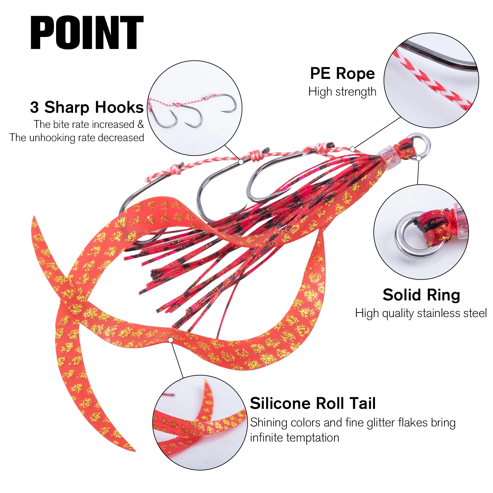 Goture Fishhooks with 3 Sharp Hooks PE Rope Stainless Steel Ring 5 Colors 13# 16g 28g Fishhook Barbed Hook Fishing Accessories