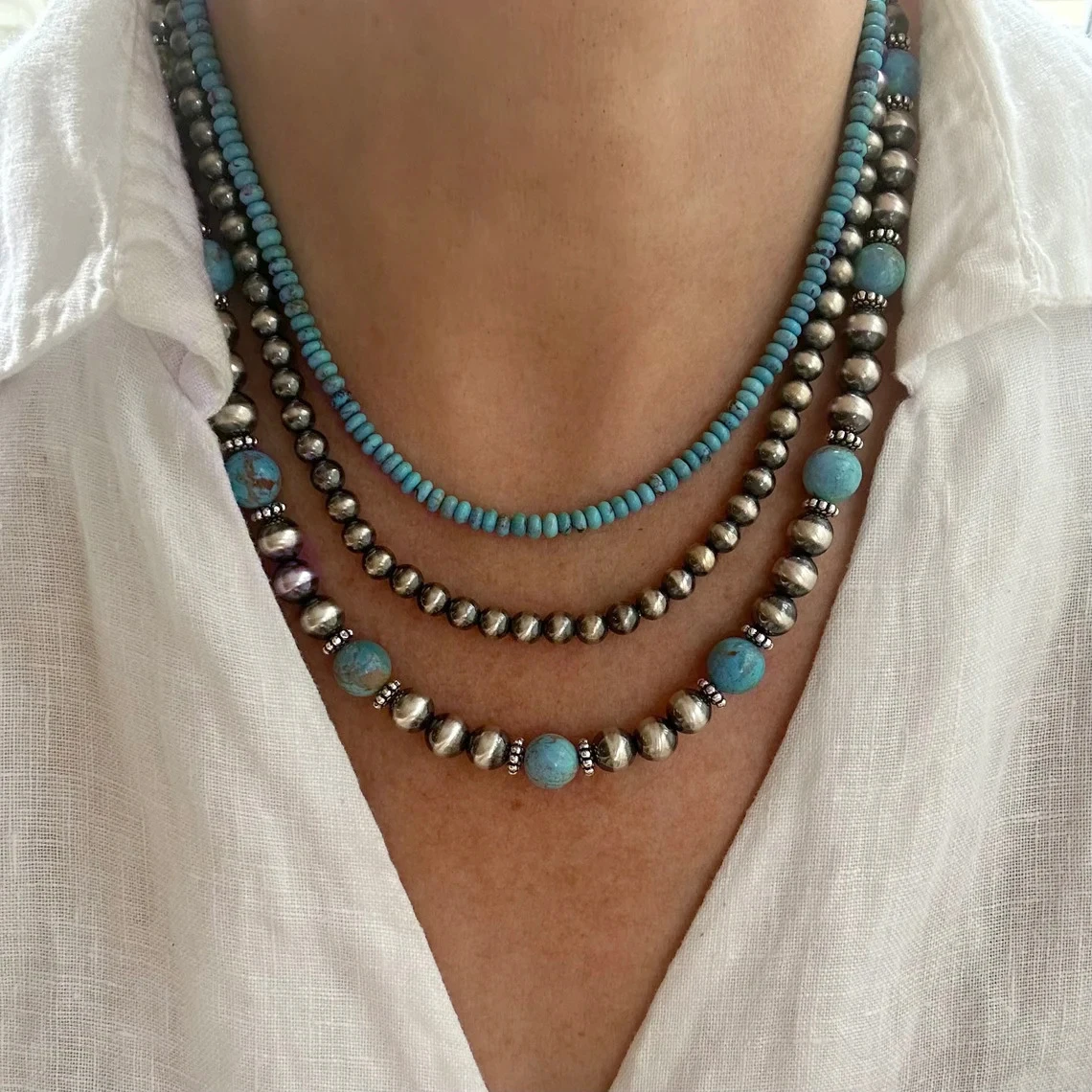 Yumfeel 3pcs Western Style Navajo Pearl Vintage Turquoise Beaded Necklaces Women Bohemian Vacation Handmade Choker