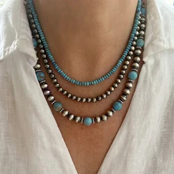 Yumfeel 3pcs Western Style Navajo Pearl Vintage Turquoise Beaded Necklaces Women Bohemian Vacation Handmade Choker