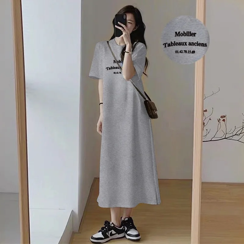 Summer Women Oversized Casual Long Dress Letter Graphic Print Short Sleeve Side Split Maxi T Shirt Dress 4
