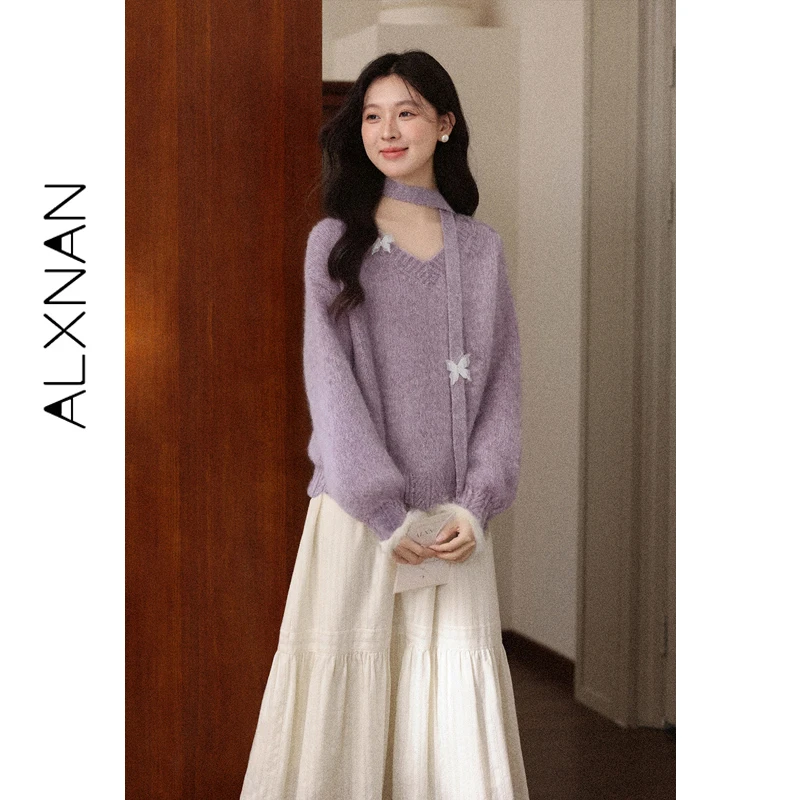ALXNAN Women's Purple Sweater V-neck Casual Loose-fit Long Sleeve Pullover 3D Butterfly Embellished Ladies Knit Tops DYL662366-2