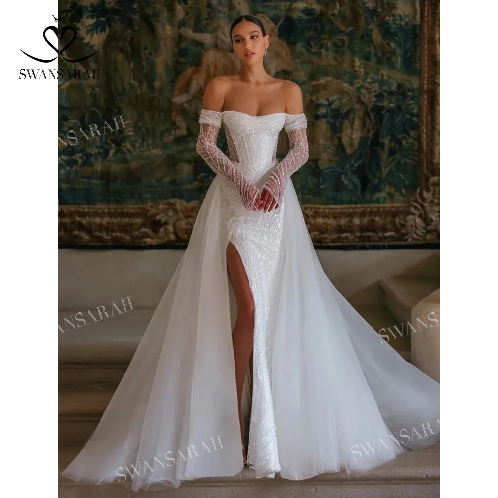 Long Sleeve Wedding Dress 2025 Beading Split Mermaid Detachable Train customized Bride Gown SwanSarah W231  Vestido De Novia