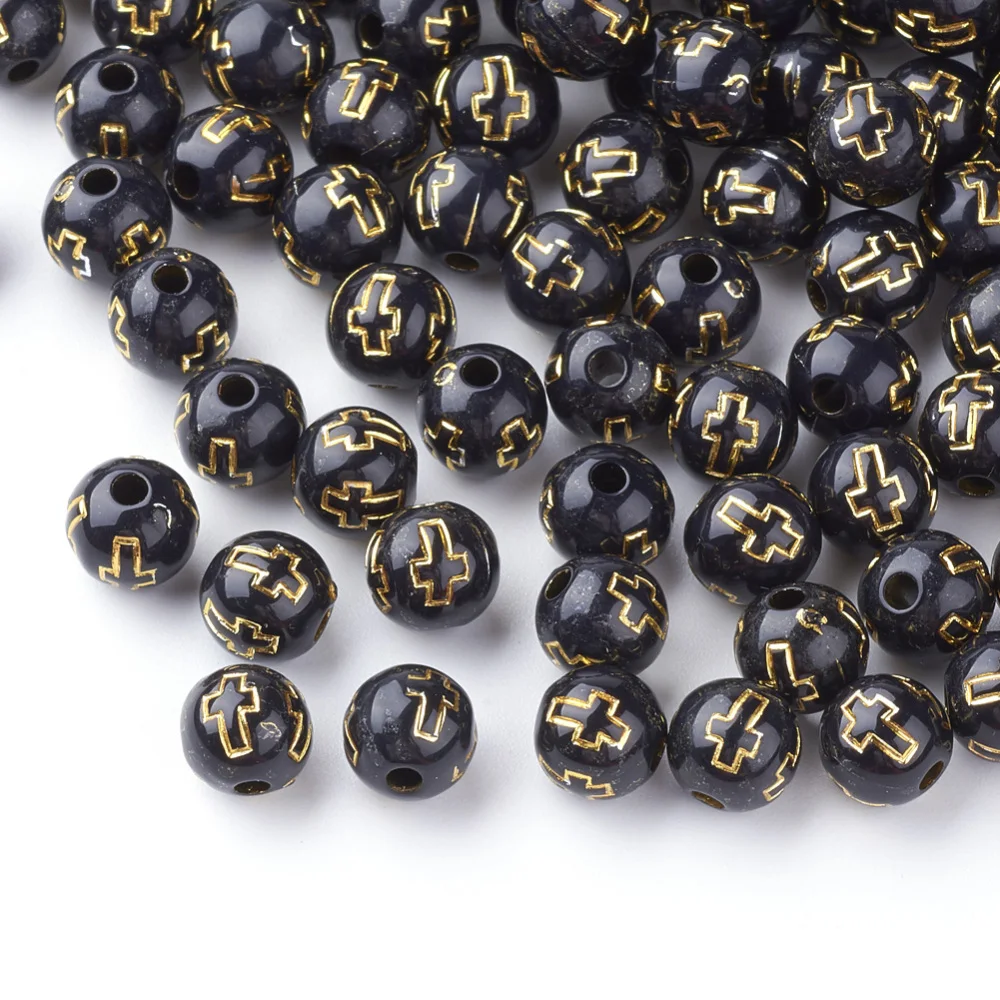 200pcs 8mm Black Round Cross Acrylic Beads Plating Golden Metal Enlaced Loose Spacer Beads for Diy Jewelry Making Accessories