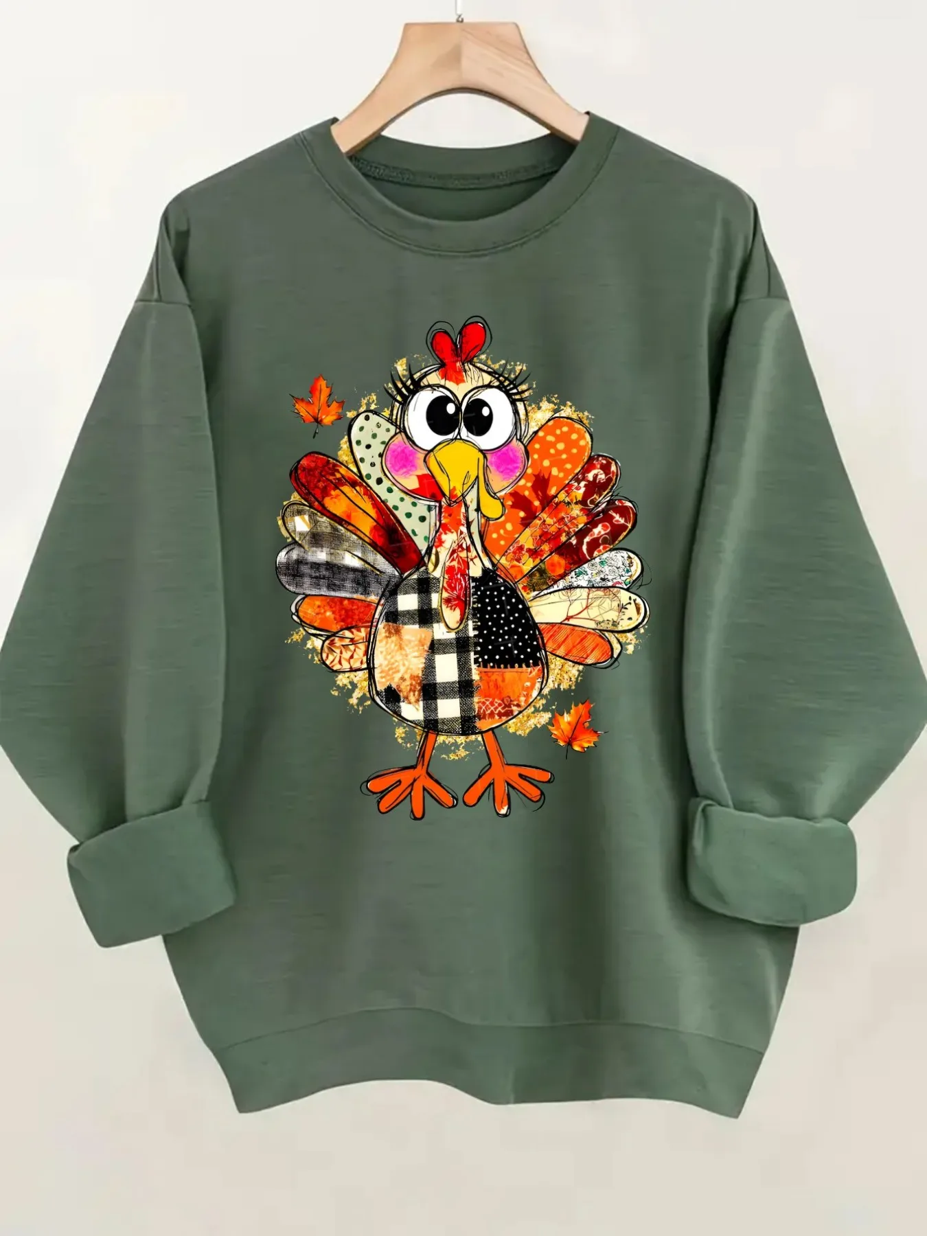 Women's Crew Neck Pullover Sweatshirt Patchwork Turkey Print Design, Soft Casual Long Sleeve, Daily Casual Top Outfit, Winter Women's Clothing, Thanksgiving Outfit