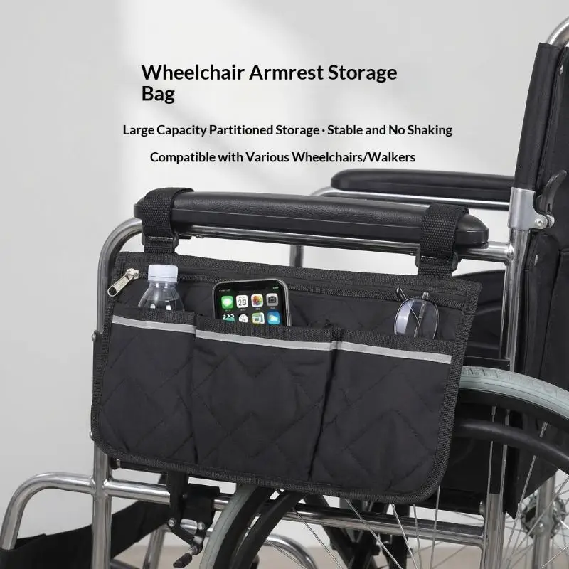 Multifunktionale Rollstuhl-Seitenarmlehnen-Tasche mit Reflektorstreifen, Tragbare Polyester-Aufbewahrungstasche für den Haushalt – Detail 3