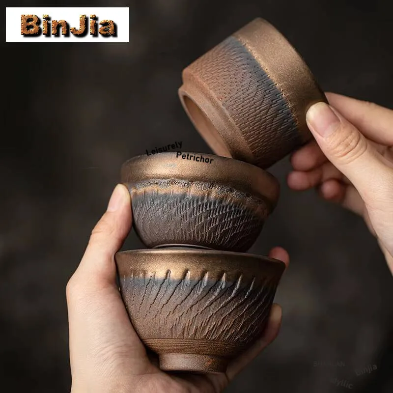 Retro Gilded Iron Glaze Ceramic Teacup Handmade Jumping Knife Pattern Master Cup Tasting Tea Bowl Pair Coffee Mug Meditation