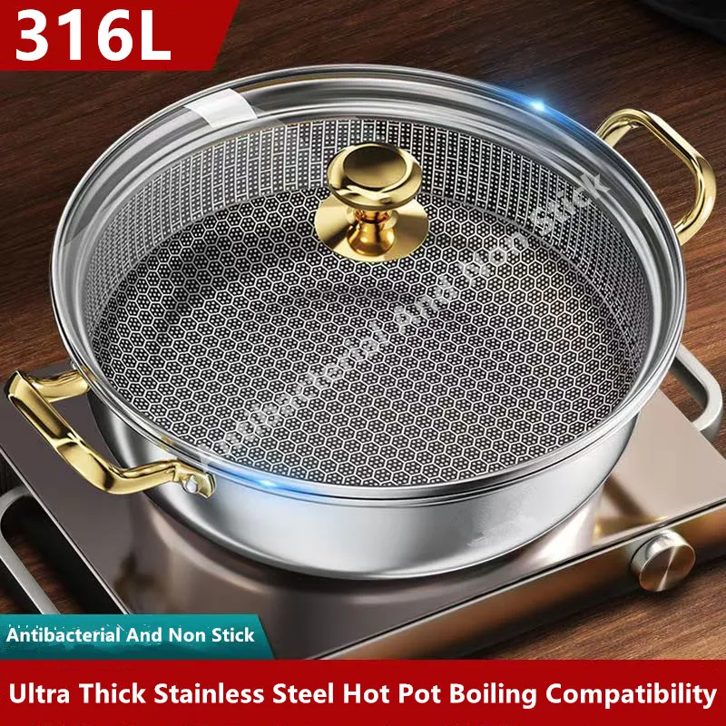 Olla de sopa de acero inoxidable de 30cm, Wok, panal antiadherente con tapa, sartén doméstica, Cocina de Inducción, estufa de Gas, olla caliente Universal