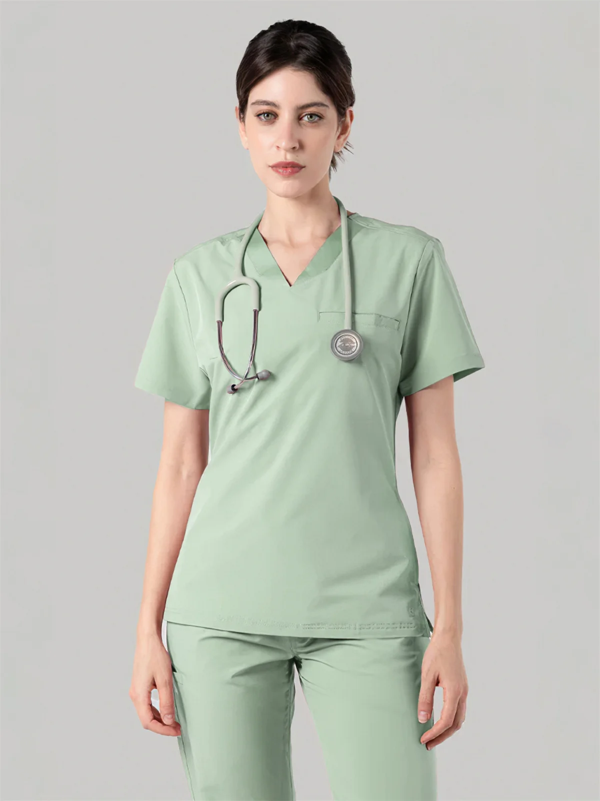 المرأة الخامس الرقبة فرك الأعلى 2025 قصيرة الأكمام ممرضة مستشفى الزي الإناث سبا صالون تجميل ملابس العمل جيب البلوز القمم