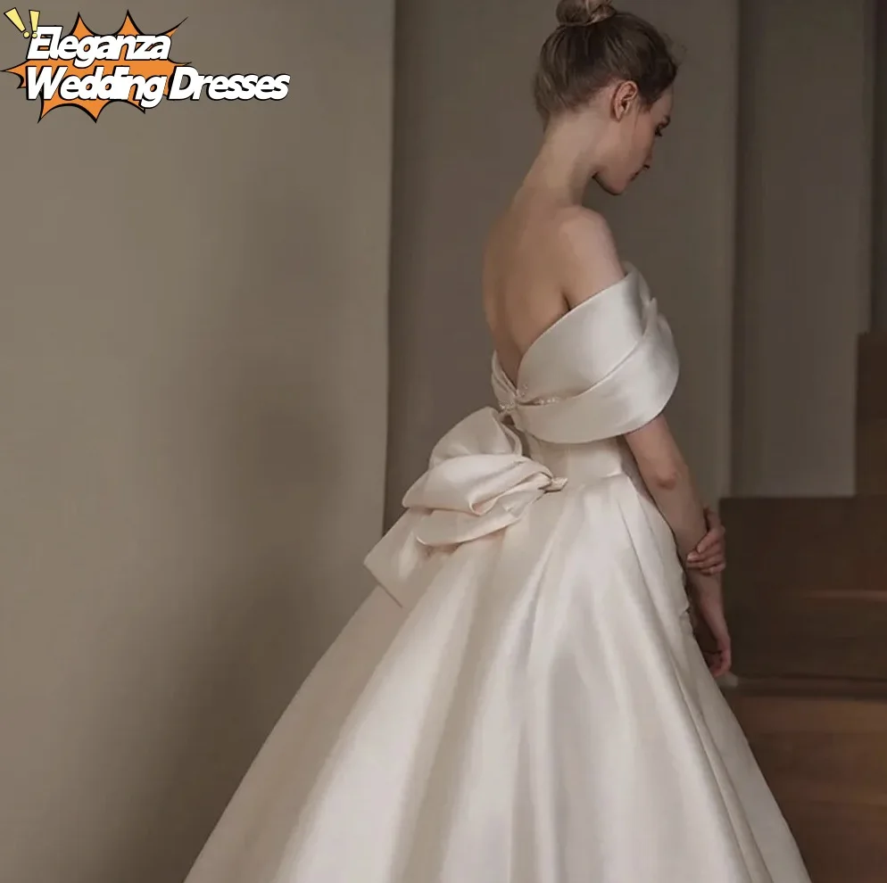 Customized Off The Shoulder Short Sleeve  Beading Bow Satin 2 Pieces Mermaid Wedding Dress With Detachabel Train 1