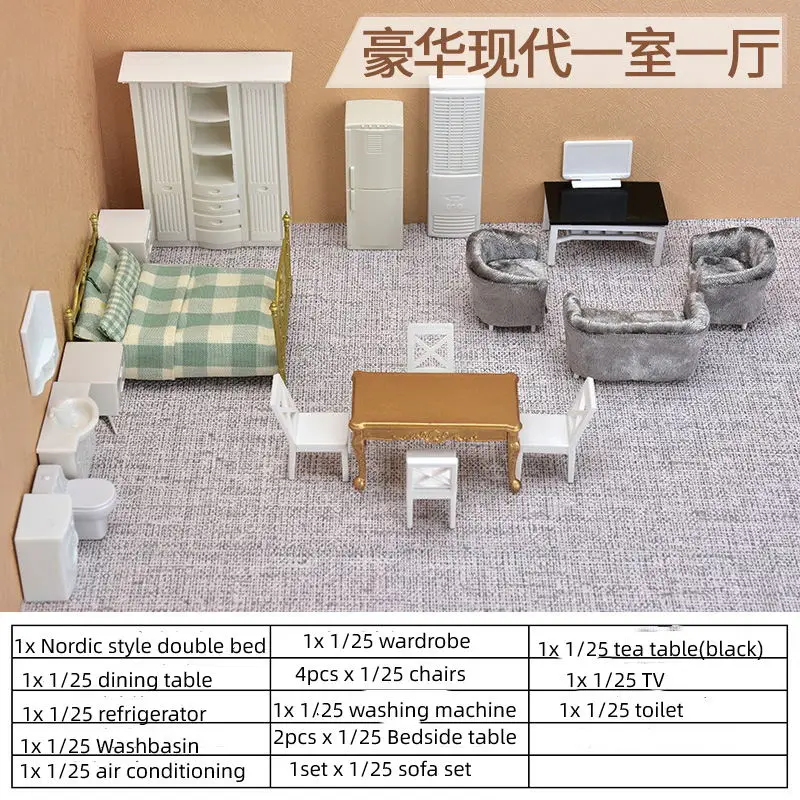 1:25 schaal poppenhuis miniatuur meubelset kunststof tafel stoel slaapbank kledingkast wastafel realistische miniaturen voor doe-het-zelf decor