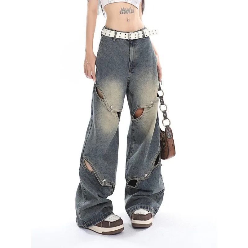 

American Retro Street Style Hollow Jeans for Women Summer Metal Buttons Loose Straight Trousers Casual Fashionable Male Clothing