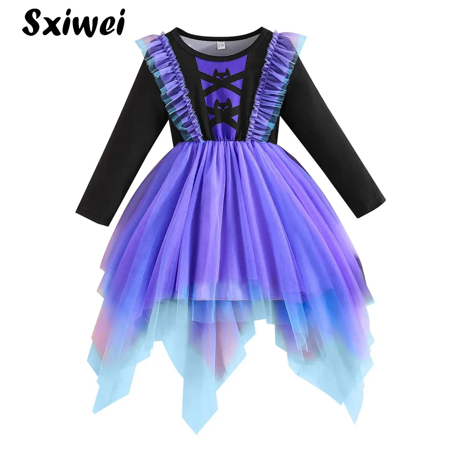 

Girls Pumpkin Witch Cat Cosplay Costume Halloween Princess Fancy Dress Up Long Sleeve Mesh Ruffled Carnival Party Pageant Dress