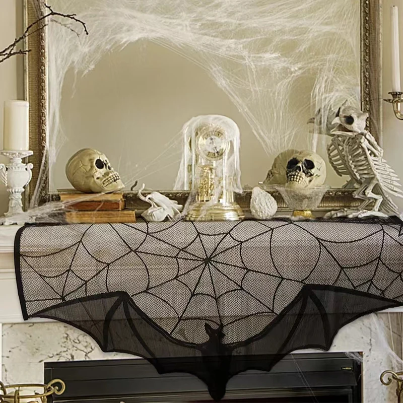 1 Stück Halloween-Spitzenvorhang, schwarzer Fledermaus-Spinnen-Tischdecken-Schornsteinmantel-Schal, Halloween-Dekoration für Zuhause und Zimmer, Spinnennetz-Horror-Dekoration – Detail 5