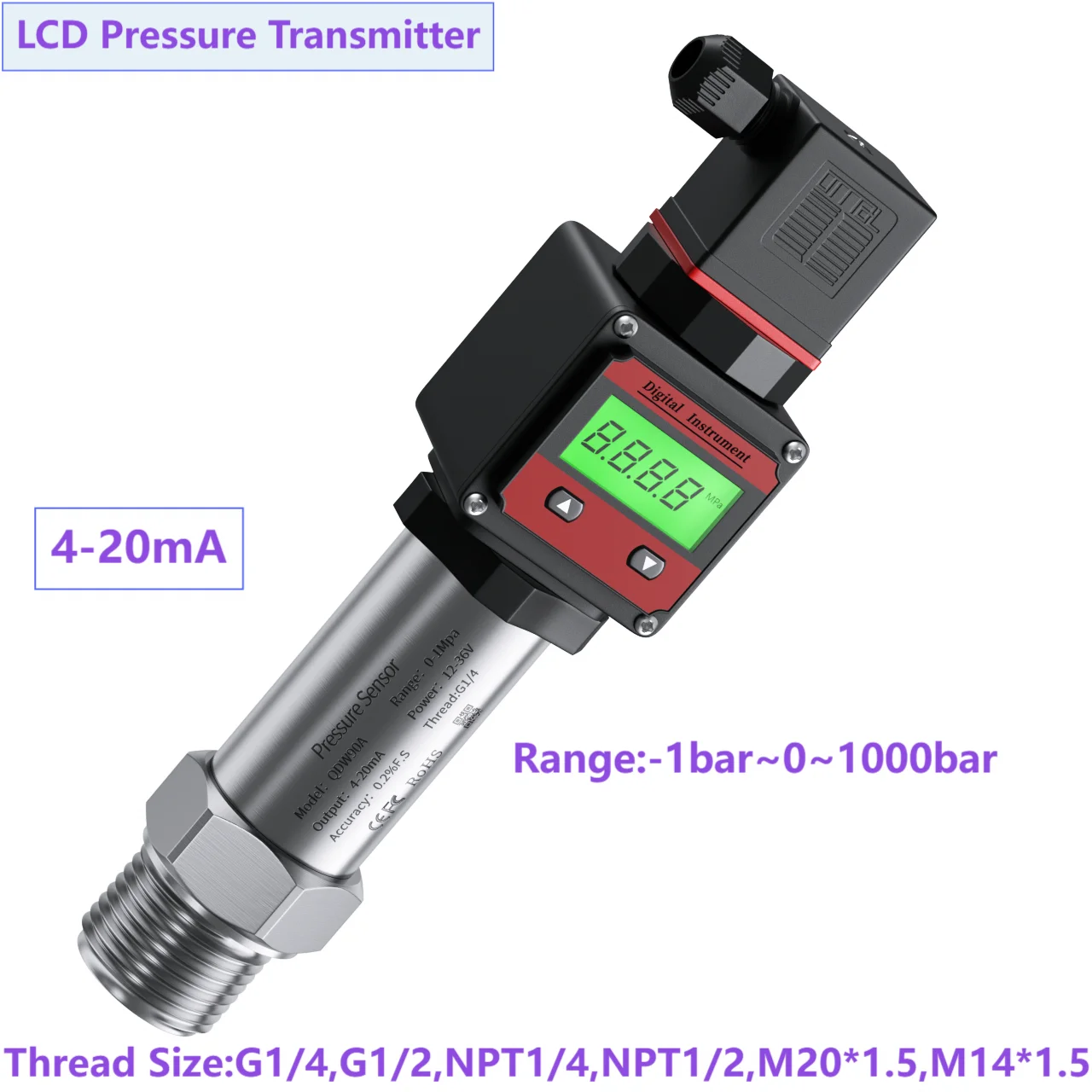 4-20mA LCD Hersman Pressure Sensor Transmitter 50bar 100bar 500bar 10bar 800bar G1/4 G1/2 NPT1/2 LCD Pressure Sensor