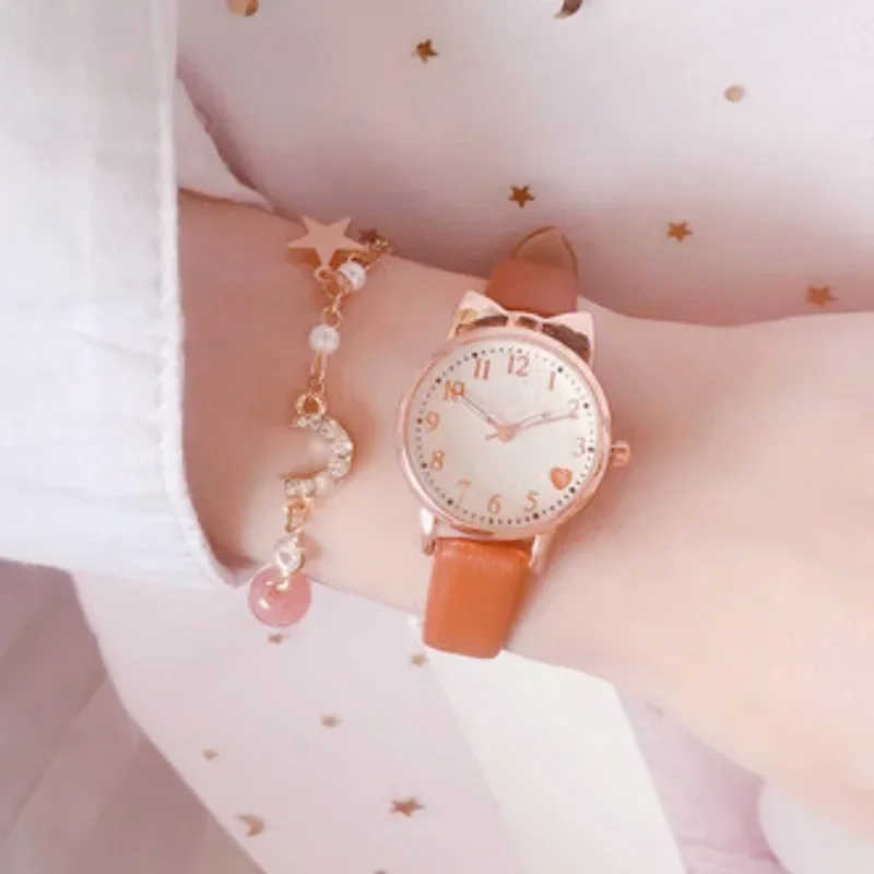 Montre à quartz pour enfants avec bracelet en cuir, horloge pour filles, grand cadran, ensemble de cadrans numériques, sans boîte, mignon