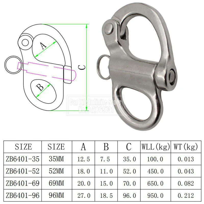 316 Stainless Steel Rigging Sailing Fixed Bail Snap Shackle Fixed Eye Snap Hook Sailboat Sailing Boat Yacht Outdoor 35/69/96mm