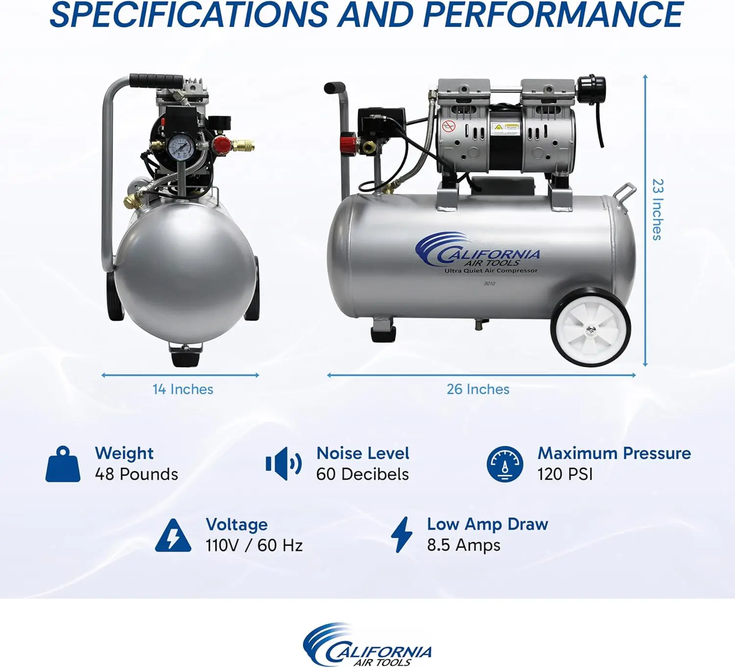 California Air Tools 8010 1,0 PS extrem leiser und ölfreier Luftkompressor, 8-Gallonen-Stahltank, leicht mit Rädern, 60 dBA N