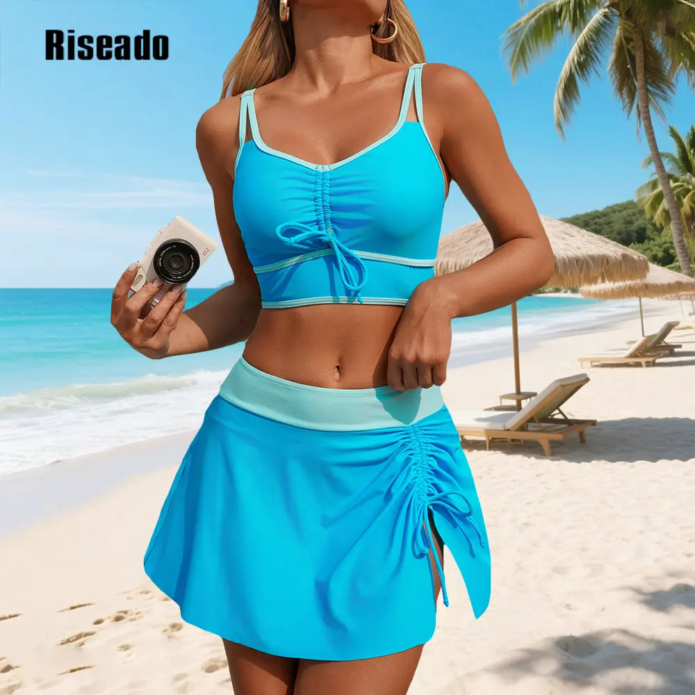 

Women's High Waisted Tankini Sets Sporty Color Block Tummy Control Swimsuit Swim Skirt Two Piece Bathing Suit