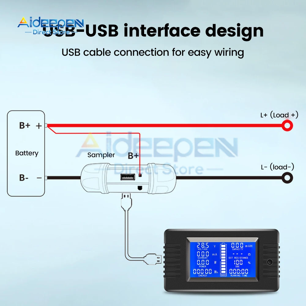 PZEM-015 DC 8-120V 50A 100A Digital Battery Tester Ammeter Voltmeter Power Meter Power Capacity Impedance Residual Power Tester