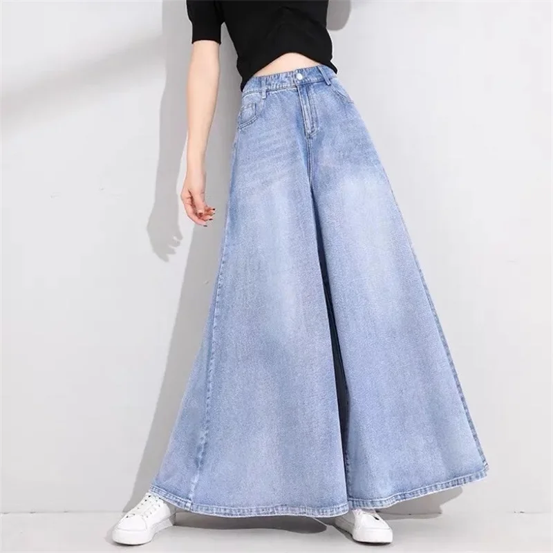 2025 Lady High Waist Denim Pants Skirt Korean Femme Wide Leg Cowboy Trousers Spring Autumn Women New Large Size 6XL Loose Jeans
