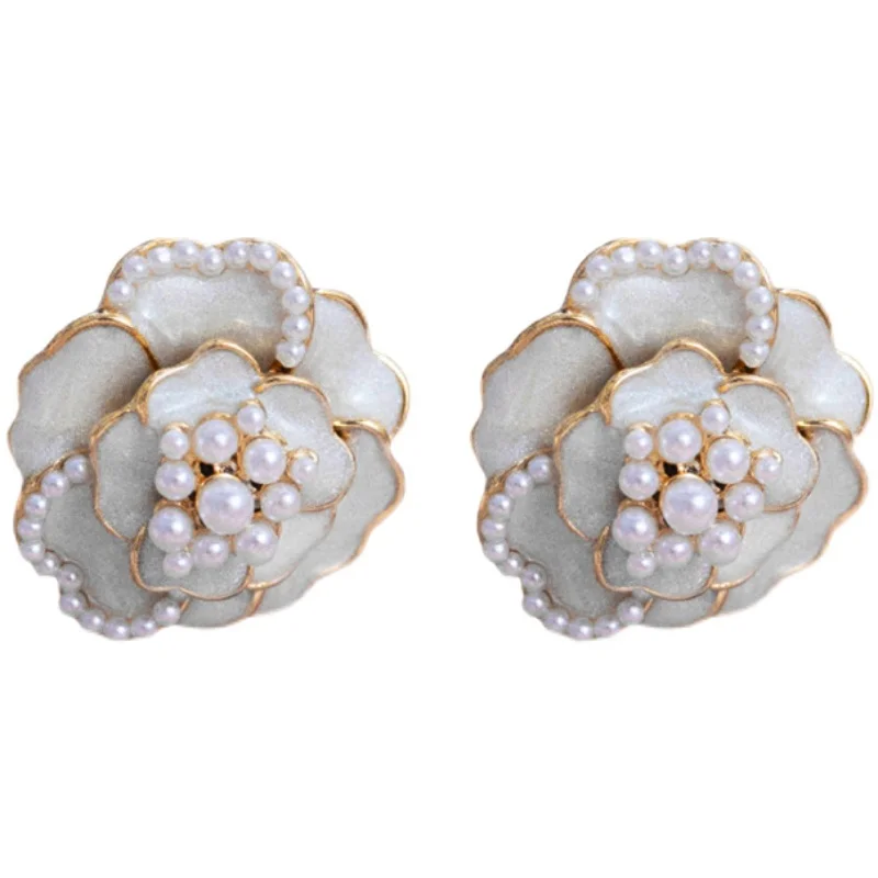 

Hxl Sterling Silver Needle Classic Style Pearl Camellia Stud Earrings French Retro Earrings