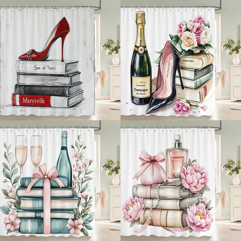 

Modern and Fashionable Perfume and Flower style Shower Curtain Bathroom Bath Curtain Home Decoration Curtain With Hooks