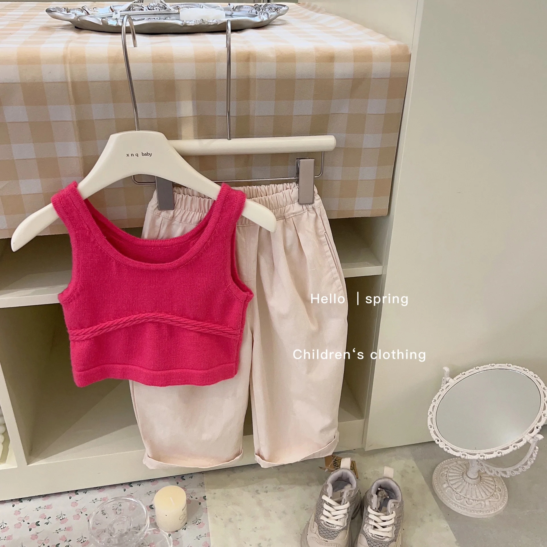 Girls Suits 2024 Spring and Summer New Girls Suits Baby Girls Foreign Style Solid Color Knitted Vest Pants Two-piece Set Clothes